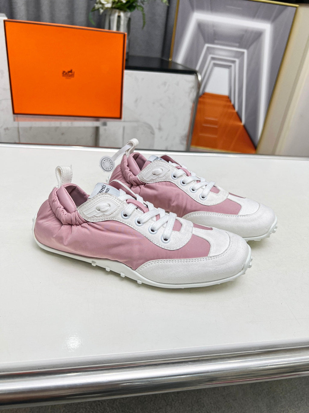 HERMES SKATEBOARD SHOES LIGHT PINK MIX WHITE SUEDE