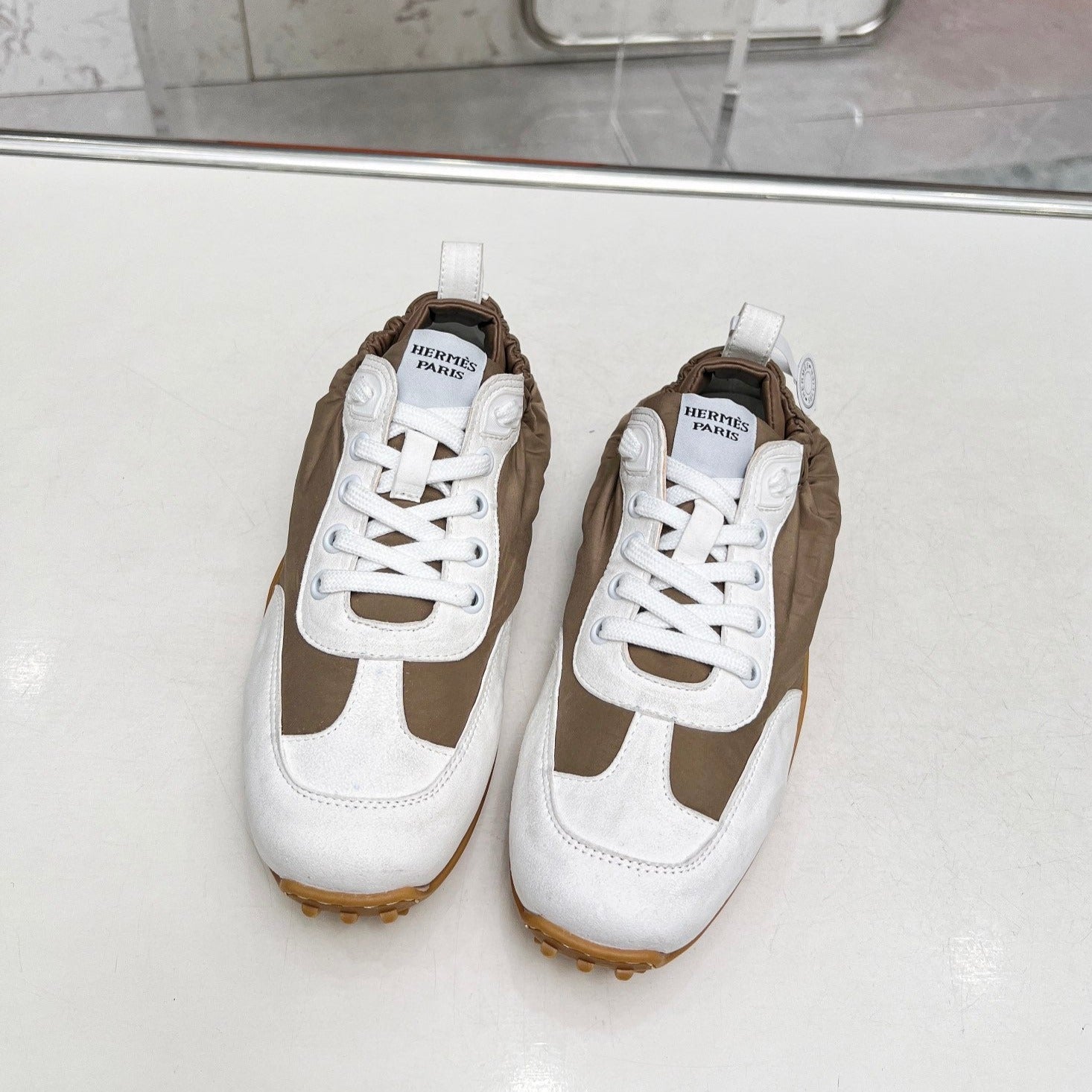 HERMES SKATEBOARD SHOES BROWN MIX WHITE SUEDE