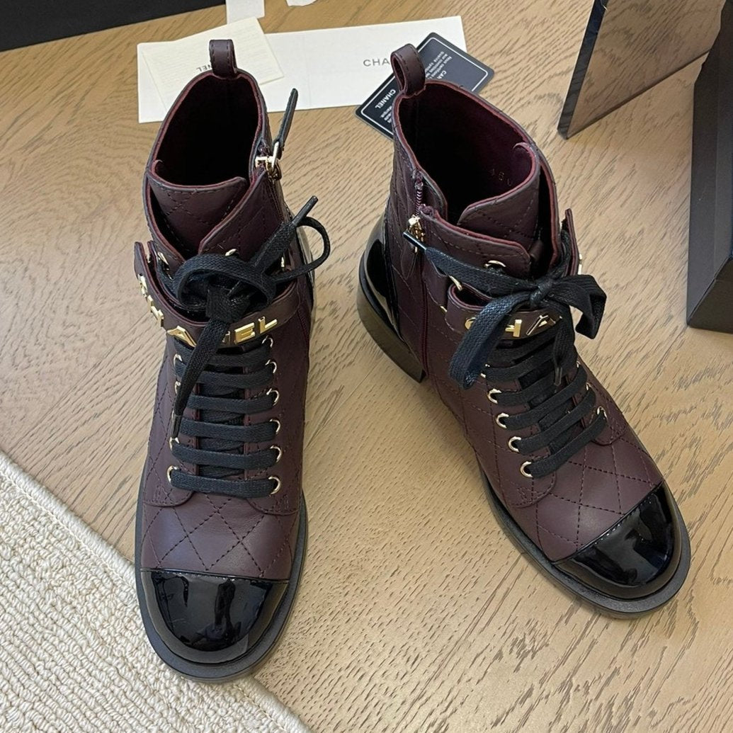CHANEL ALPHABET MARTIN BOOTS IN BRUNETTE BROWN MIX BLACK LAMBSKIN