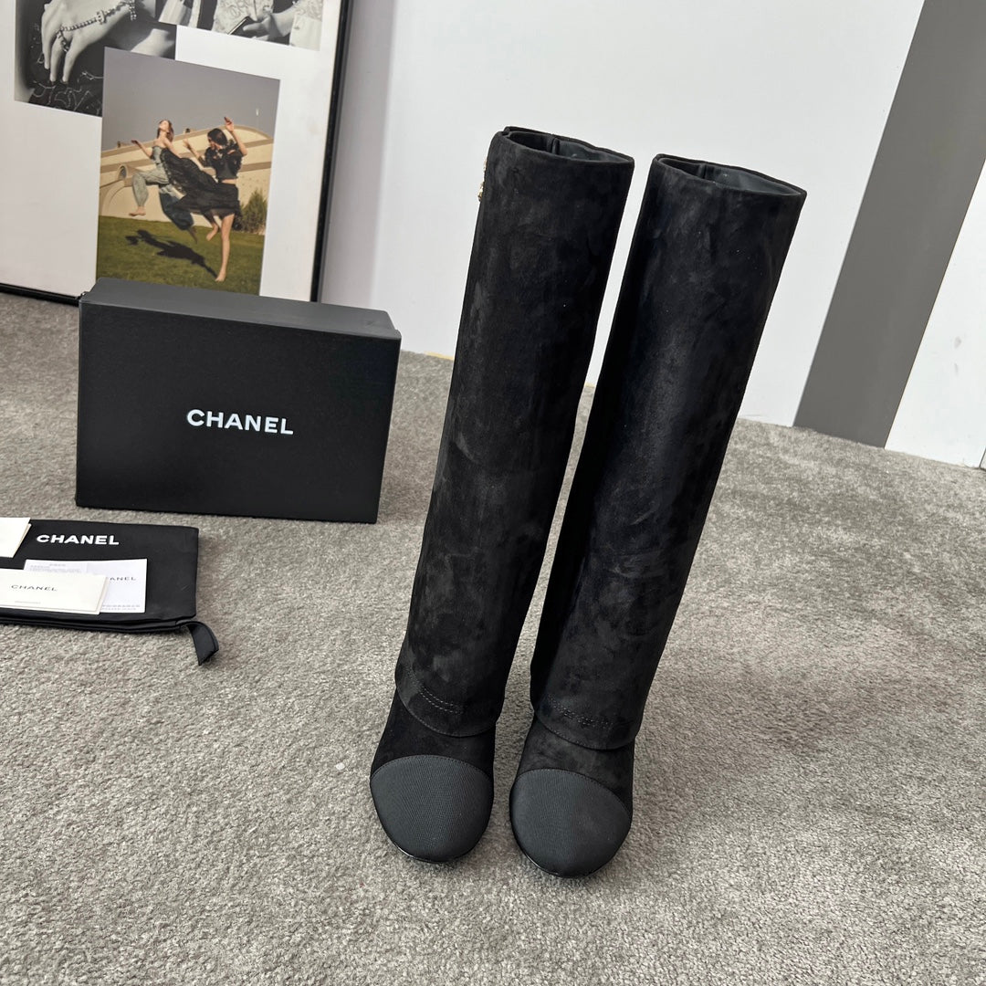 CHANEL 25S HIGH BOOTS 55MM IN BLACK SUEDE AND CANVAS GOLD HARDWARE