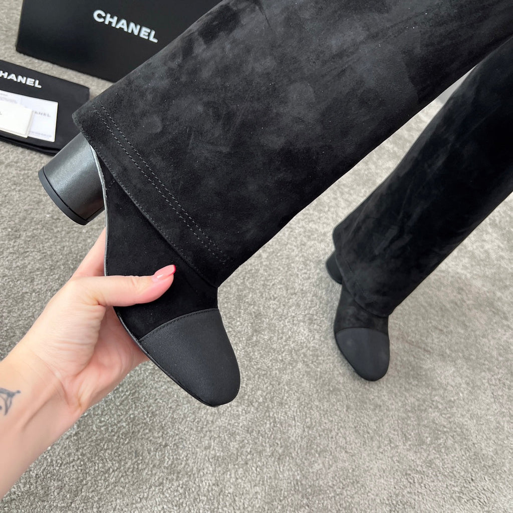CHANEL 25S HIGH BOOTS 55MM IN BLACK SUEDE AND CANVAS GOLD HARDWARE